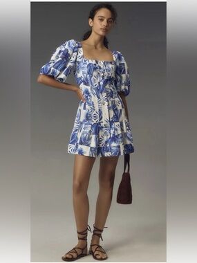 Caroline Constas Women's Medium Farm Dress White/Blue Floral Rio Stripe Us 6 M